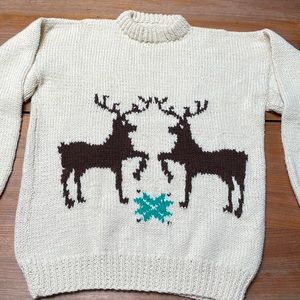 Vintage handmade deer Christmas/holiday ivory knit sweater